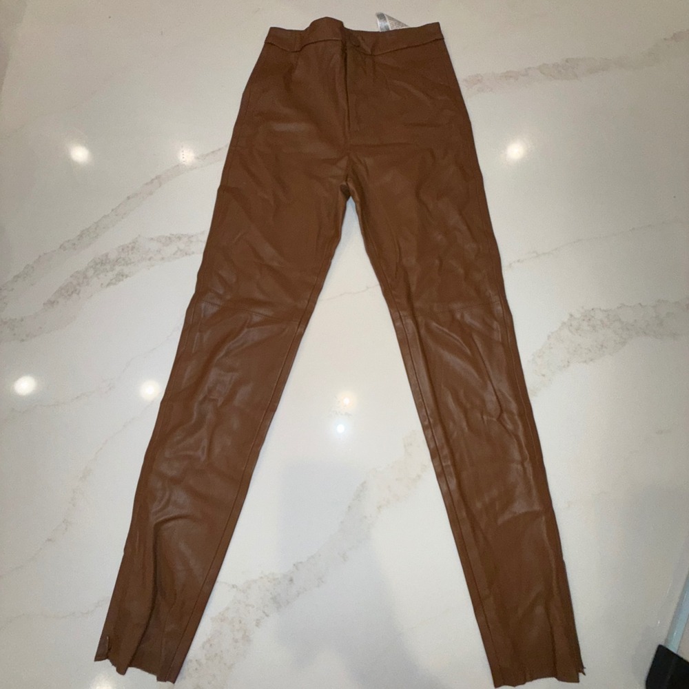 Zara Womens Faux Leather High Waisted Leggings Brown Ankle Zip Pants Size XS